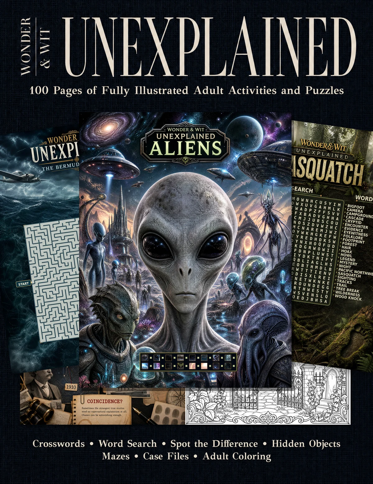 UNEXPLAINED front cover showcasing illustrated mysteries and activities