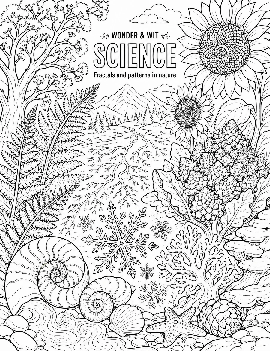 Fractals and patterns in nature coloring page with ferns, shells, a sunflower, and branching shapes