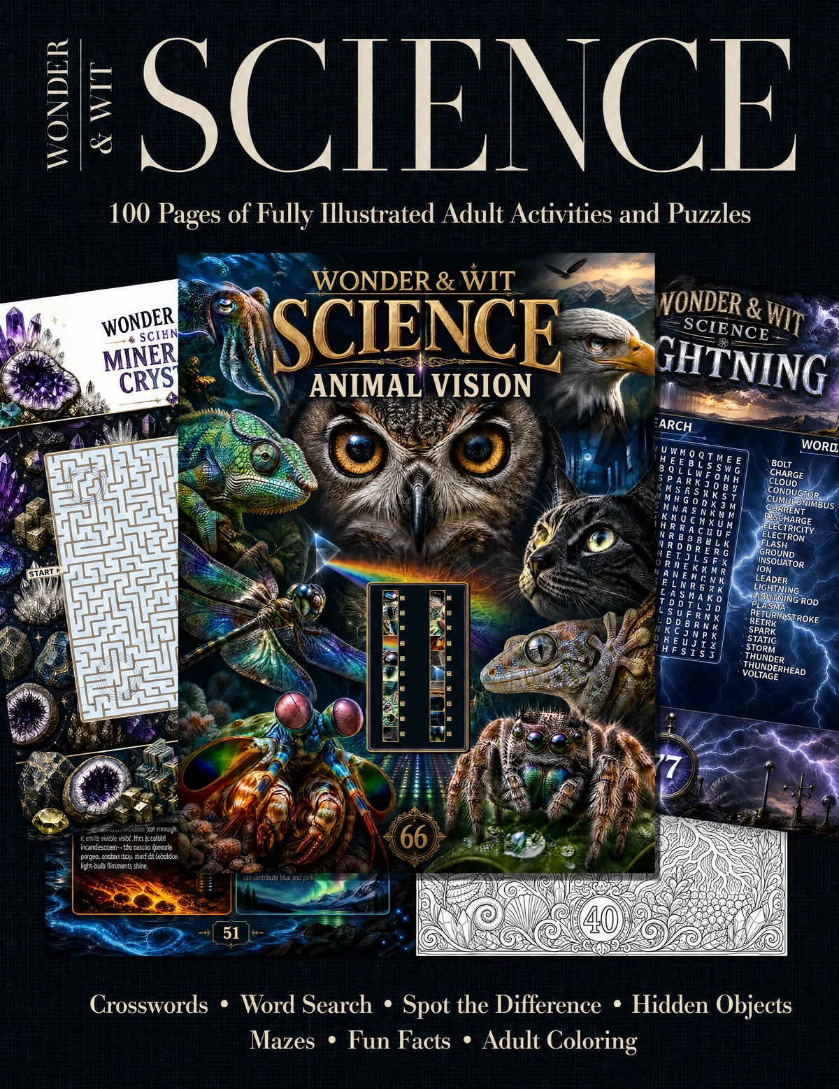 SCIENCE cover featuring animal vision, minerals, lightning, and illustrated puzzles